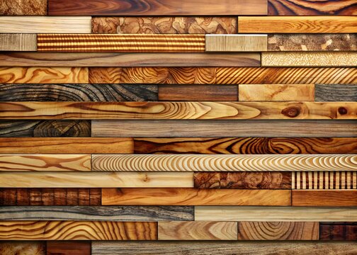 A wooden background made of various wood species. the woods are arranged in a staggered pattern and vary in color and grain.