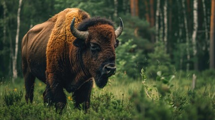 Large male European bison also referred to as wisent or European wood bison in their natural habitat