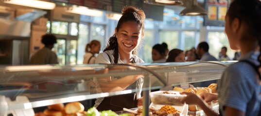 Friendly Cafeteria Staff Serving Lunch to Students, Promoting a Welcoming and Positive Atmosphere