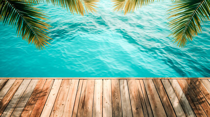 Tropical Seascape View from Wooden Deck with Palm Trees