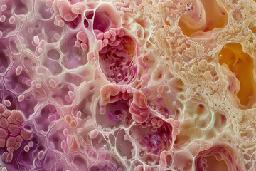 A colorful, abstract painting of a pink and orange blob with a pink