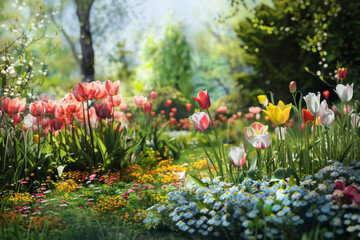 A beautiful garden with a variety of flowers including pink, yellow, and white