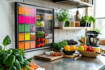 Colorful DASH Diet Menu Board with Fresh Ingredients in a Modern Kitchen Setting