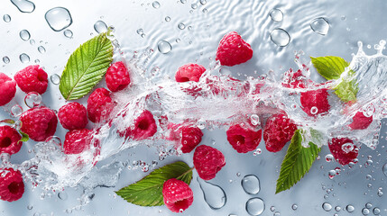Raspberry with leaves and splashes of water on a monochrome background