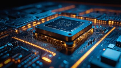Futuristic AI microchip with glowing circuits in a high-tech lab, cinematic style, deliberate model, dynamic lighting, highly detailed.