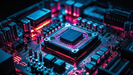Obraz premium Neon-lit AI processor integrated into an advanced motherboard, dynamic style, vibrant colors, intricate circuitry.