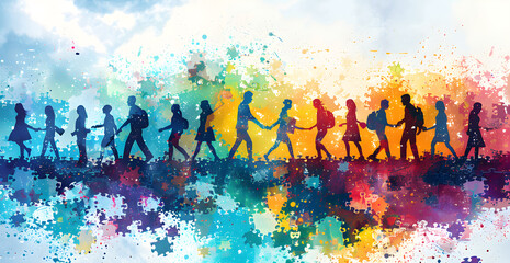 A colorful painting of a group of people walking together