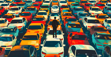 Fototapeta premium A man stands in the middle of a parking lot full of cars