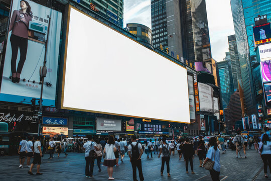 A large white billboard sits in the middle of a busy city street