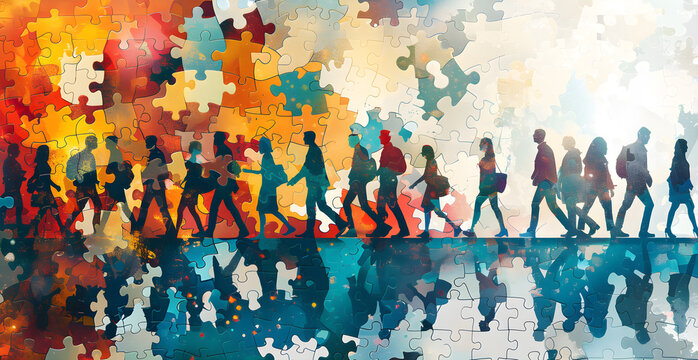 A group of people are walking down a street with a puzzle piece background