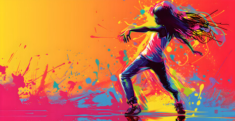 A woman is dancing in a colorful background with splatters of paint