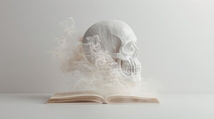 A ghostly face of a mysterious undead lich emerging from an ancient book, anime style, on a plain white background, the lich's eerie glow contrasting the simplicity of the backdrop