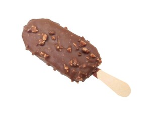 Photo of a chocolate and almond ice cream on a stick, isolated on white background.