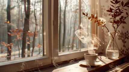   A cup of coffee rests on a windowsill alongside a vase containing a plant, emitting plumes of smoke
