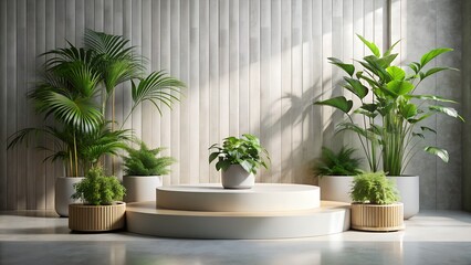 Fototapeta premium podium for product presentation. Wooden and white marble surface. Photo studio, minimal and modern. Green plant and leaves on the side of the image.