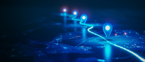 Abstract Digital Route with Location Pins and Glowing Path, Representing Navigation and Mapping Scenario