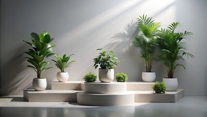 Fototapeta premium podium for product presentation. Wooden and white marble surface. Photo studio, minimal and modern. Green plant and leaves on the side of the image.
