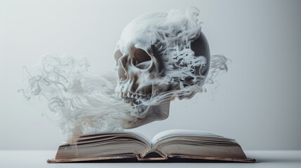 An eerie undead lich's face materializing from an ancient tome, anime style, set against a plain white background, with spectral wisps and arcane symbols