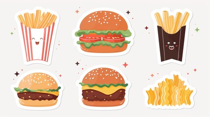 Animated sticker of a juicy cheeseburger with melted cheese, lettuce, tomato, and a side of crinkle fries, both with cute, smiling faces and animated sparkles around them