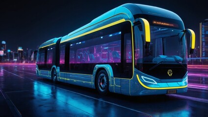 Futuristic AI autonomous bus with neon-lit control panels and holographic displays, 3D render style, vibrant neon yellow and blue colors, high detail, realistic lighting