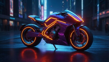 Fototapeta premium Futuristic AI autonomous motorcycle with neon-lit control panels and holographic displays, 3D render style, vibrant neon orange and purple colors, high detail, realistic lighting