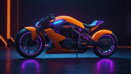 Fototapeta premium Futuristic AI autonomous motorcycle with neon-lit control panels and holographic displays, 3D render style, vibrant neon orange and purple colors, high detail, realistic lighting