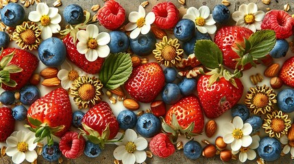   Berries such as strawberries, blueberries, and raspberries are arranged in a pattern