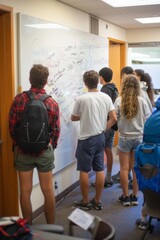 Fototapeta premium Collaborative Student Brainstorming Session in Study Room Solving Complex Problems on a Whiteboard