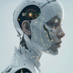 Fototapeta premium Humanoid Robot with Intricate Circuitry and Glowing Lights: Futuristic AI, Robotics, Cybernetics, Technological Marvel, Advanced Engineering, Artificial Intelligence, Innovation, Modern Design