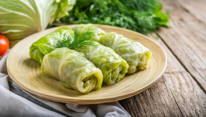 Tasty salted cabbage rolls on wooden table. Homemade healthy food. Delicious dish. Close-up.