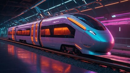 Fototapeta premium Futuristic AI autonomous train with neon-lit control panels and holographic displays, 3D render style, vibrant neon purple and orange colors, high detail, realistic lighting