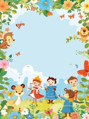 Border design with characters from children's cartoons and fairy tales, isolated on a light blue background