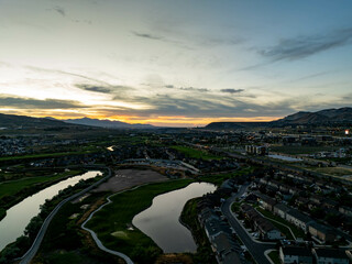 Suburban golf course at sunset