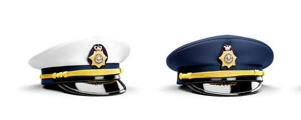 Two officer peaked caps, one white and one navy blue, with golden accents and metallic badges. Perfect for military, law enforcement, or transportation-themed projects.