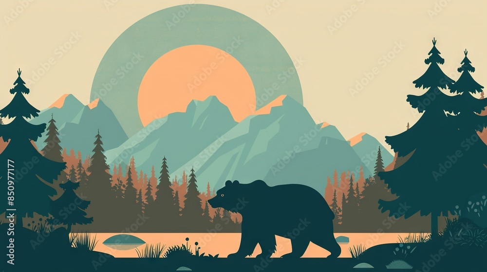 Wall mural   A majestic bear stands by a serene lake surrounded by lush trees and towering mountains