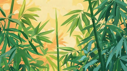 Fototapeta premium A yellow background with a sun shining through a greenish bamboo plant is depicted in this painting