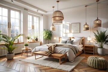 Warm And Inviting Bedroom With A Natural, Bohemian Feel. The Room Is Decorated With Plants, A Cozy Bed, And Stylish Furniture.