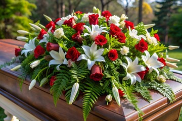 A Beautiful Casket Spray Of Red Roses, White Lilies, And Greenery.