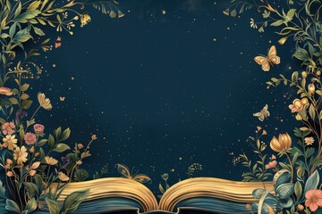 Border design with enchanting scenes from fantasy novels and fairy tales, isolated on a dark blue background