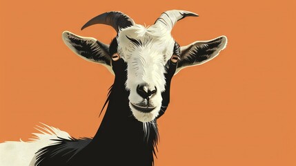 Obraz premium A zoomed-in image of a goat's face against an orange backdrop, featuring a black-and-white goat's portrait