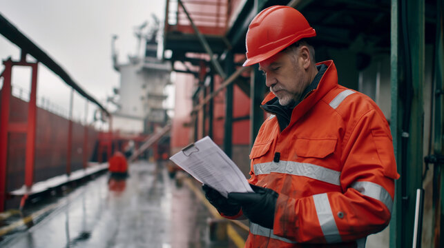 Seafarer or seaman or engineer filling checklist during work