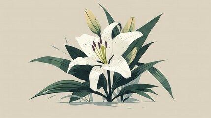   A beige backdrop with a white lily and green foliage, and a shadowed plant on the left