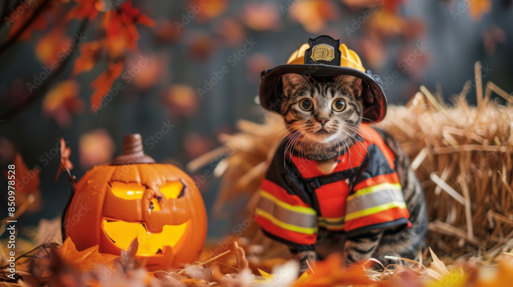 Wall mural A cute tabby cat is dressed in a miniature firefighter costume and is posed in front of a jack-o-lantern for Halloween - Wall murals