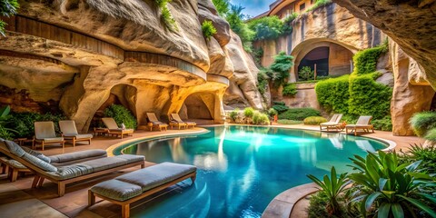 Amazing Underground Pool With Lounge Chairs And Tropical Plants