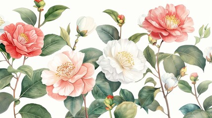 Delicate Watercolor Camellias on White Background Generative AI