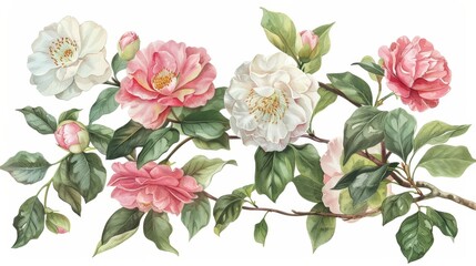 Delicate Watercolor Camellias on White Background Generative AI