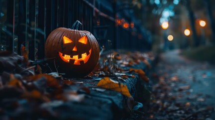 Fototapeta premium Jack O' Lantern glowing in smoky fantasy night. Halloween background.