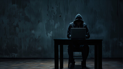 Dangerous Hooded Hacker sitting in the dark room with Copyspace, Cybersecurity