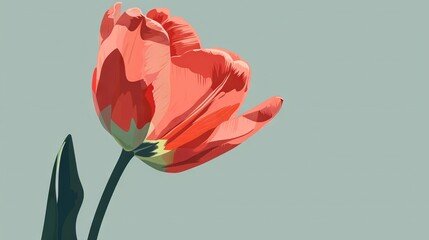   A single red flower against a green-grey background, with a blue sky in the distance