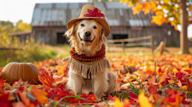 A golden retriever dog dressed in a scarecrow costume sits in a pumpkin patch covered in colorful fall leaves
